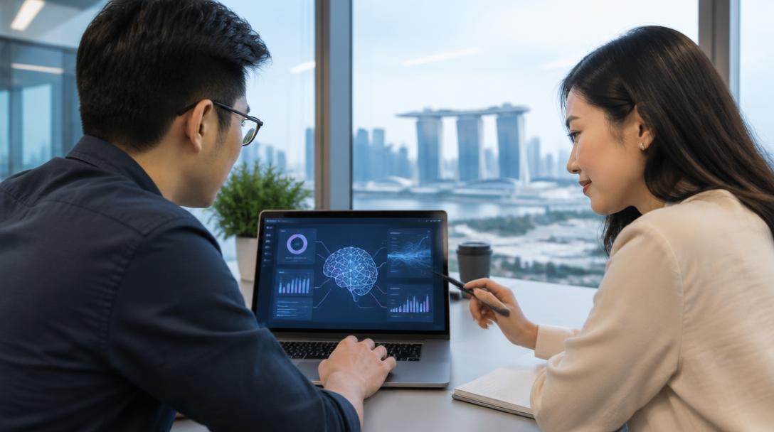 Two colleagues reviewing an AI-assisted workflow on a laptop.