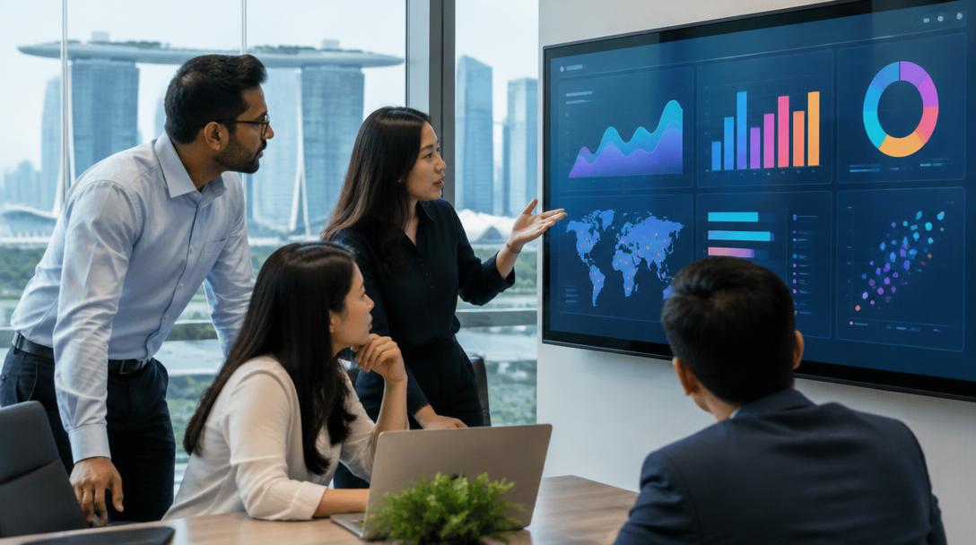 Diverse team reviewing a data dashboard on a large screen in a modern Singapore office.