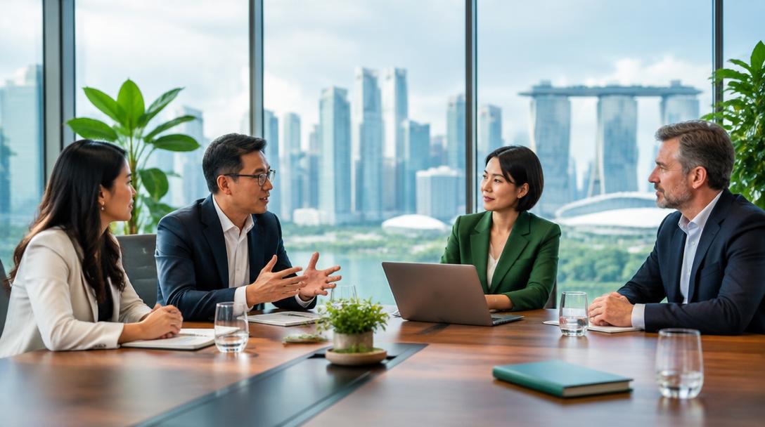 Business leaders discussing sustainability strategy in a Singapore boardroom.