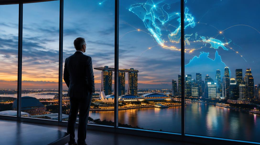 Senior executive overlooking the Singapore skyline and the Southeast Asia region.