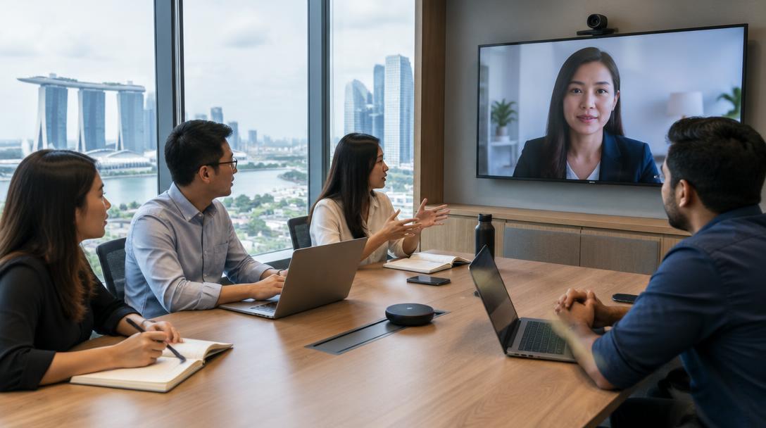 Office colleagues coordinating a meeting with a remote team member.