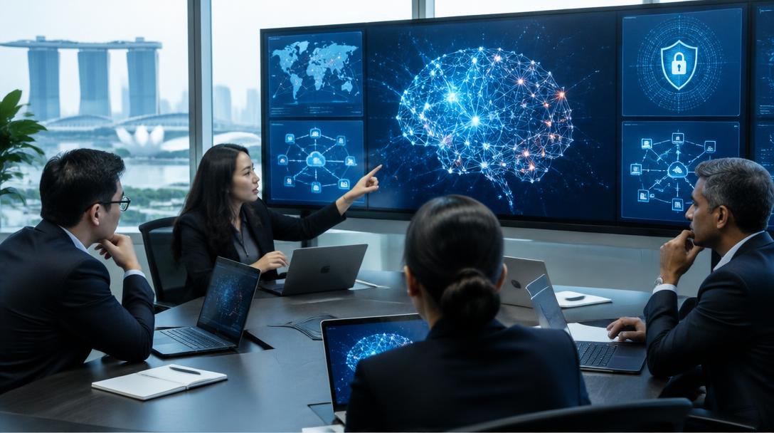 Technology governance team reviewing AI network and security visuals in a Singapore office.