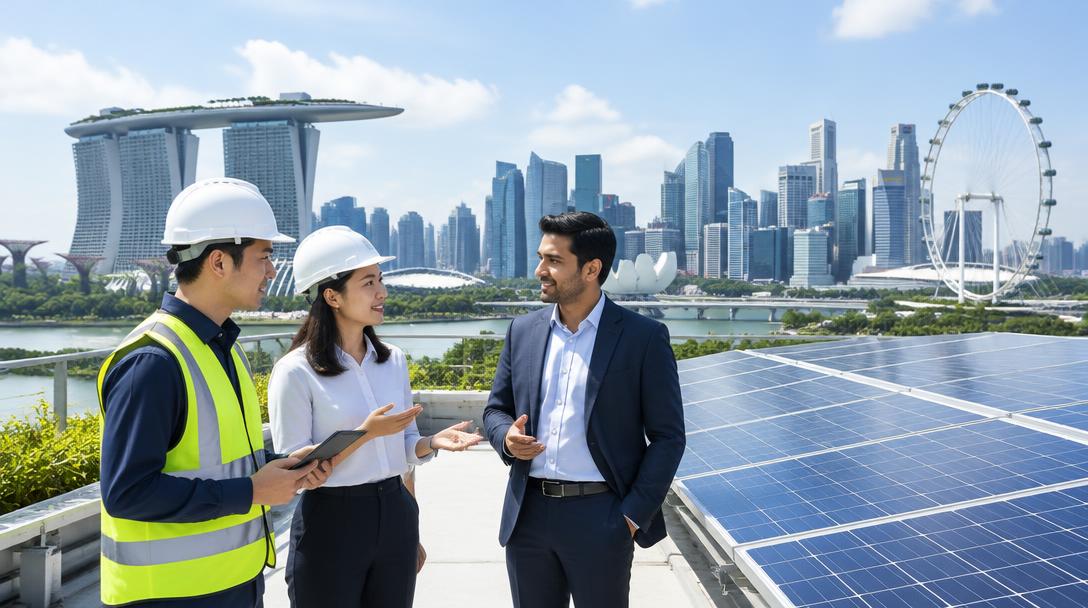 Professionals on a Singapore rooftop with solar panels and the city skyline behind.