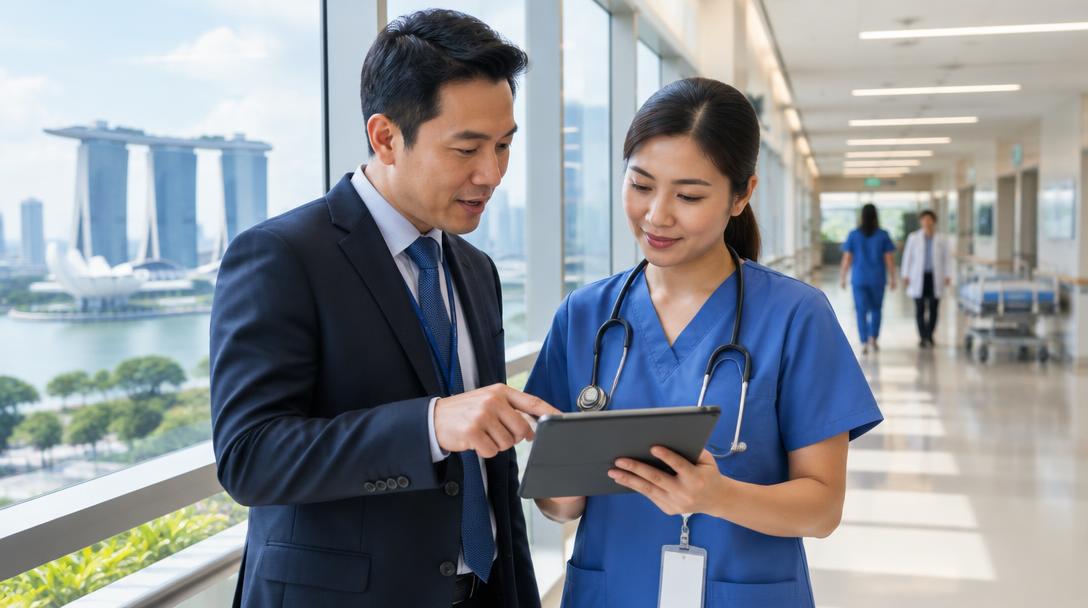 Healthcare administrator and nurse reviewing a tablet in a bright hospital corridor.