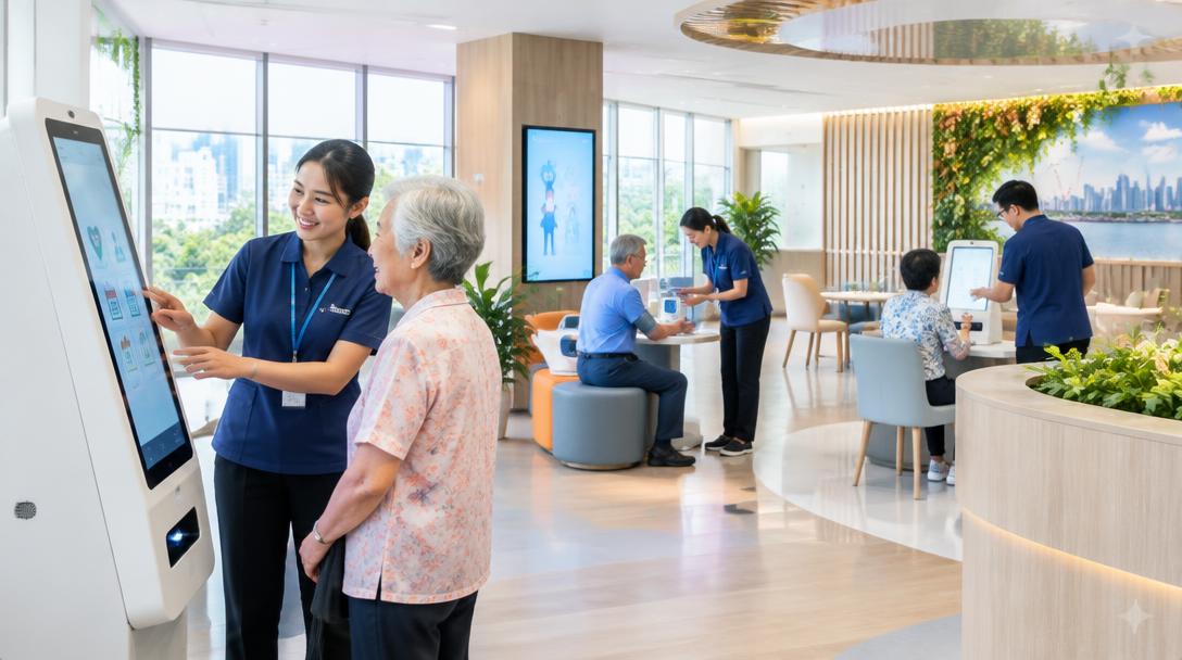 Staff assisting elderly patients with digital health kiosks in a modern Singapore community care hub.