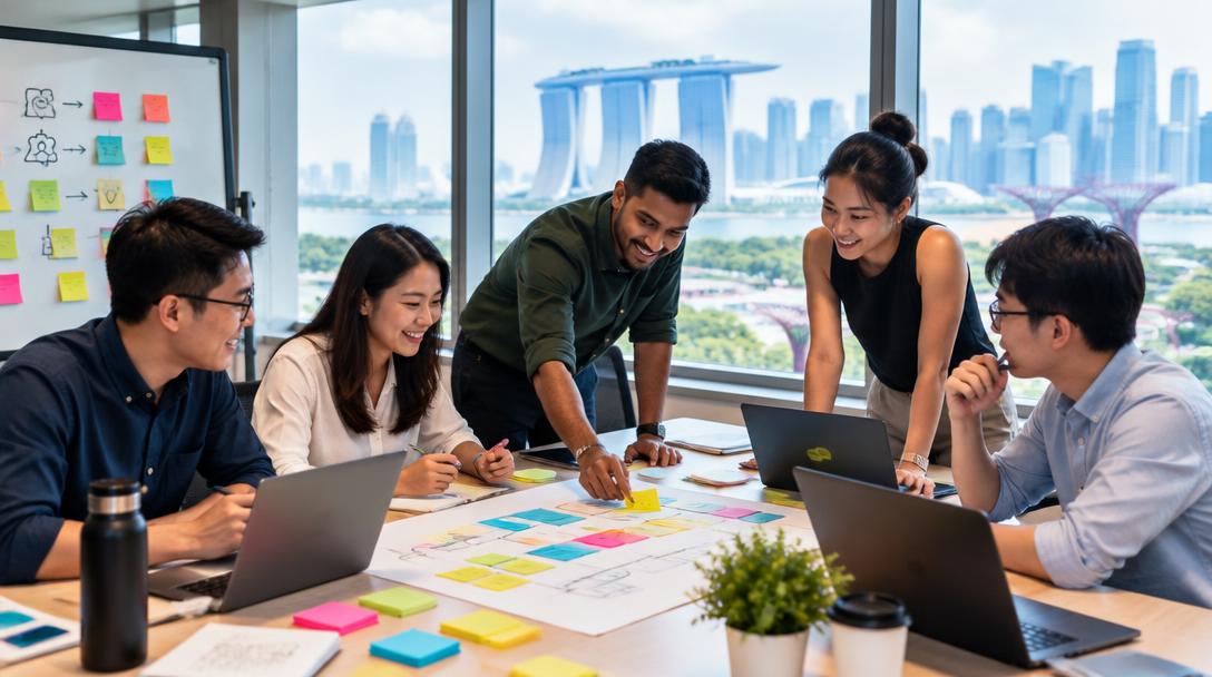 Singapore office team redesigning workflows together in a workshop.