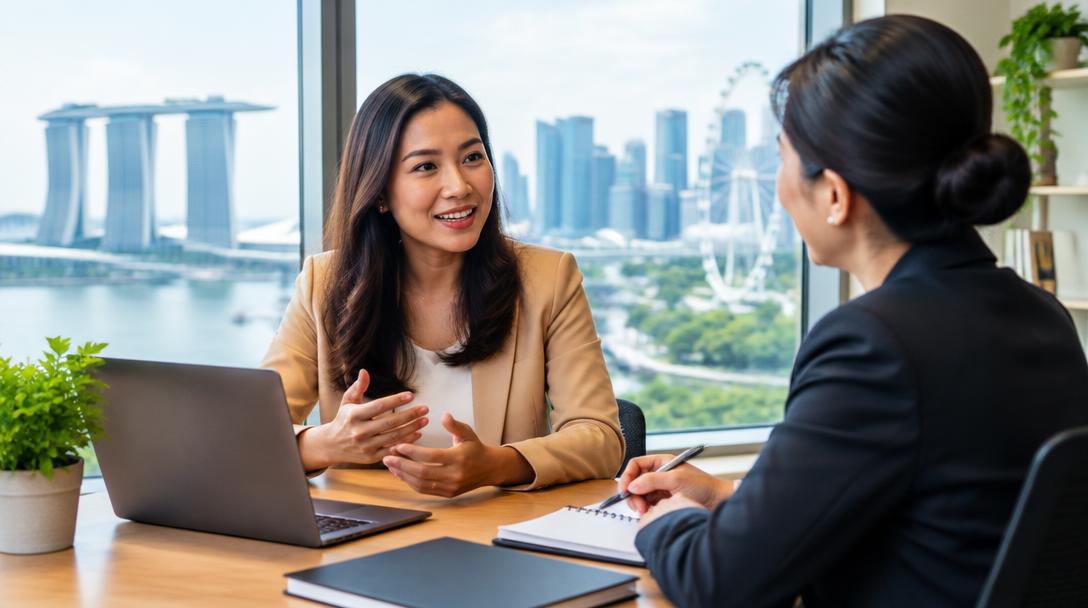 Mid-career professional discussing a development plan with a career adviser.