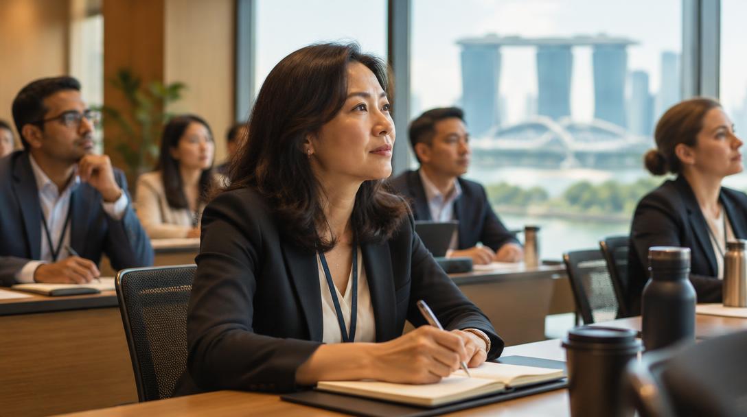 Mid-career professional in a seminar room taking notes during an executive programme.