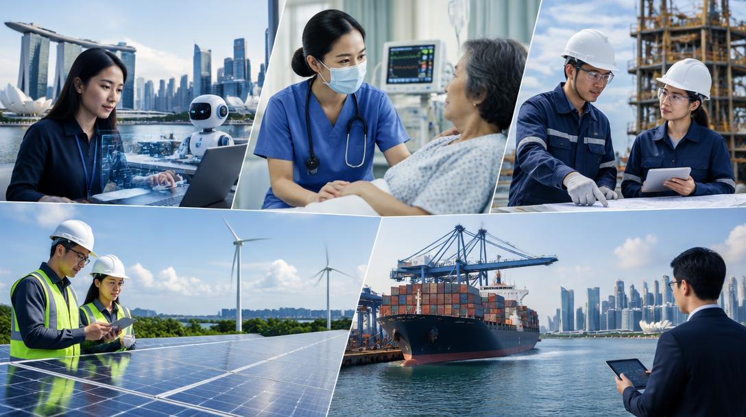 Singapore workplaces representing technology, care, engineering, sustainability and trade.