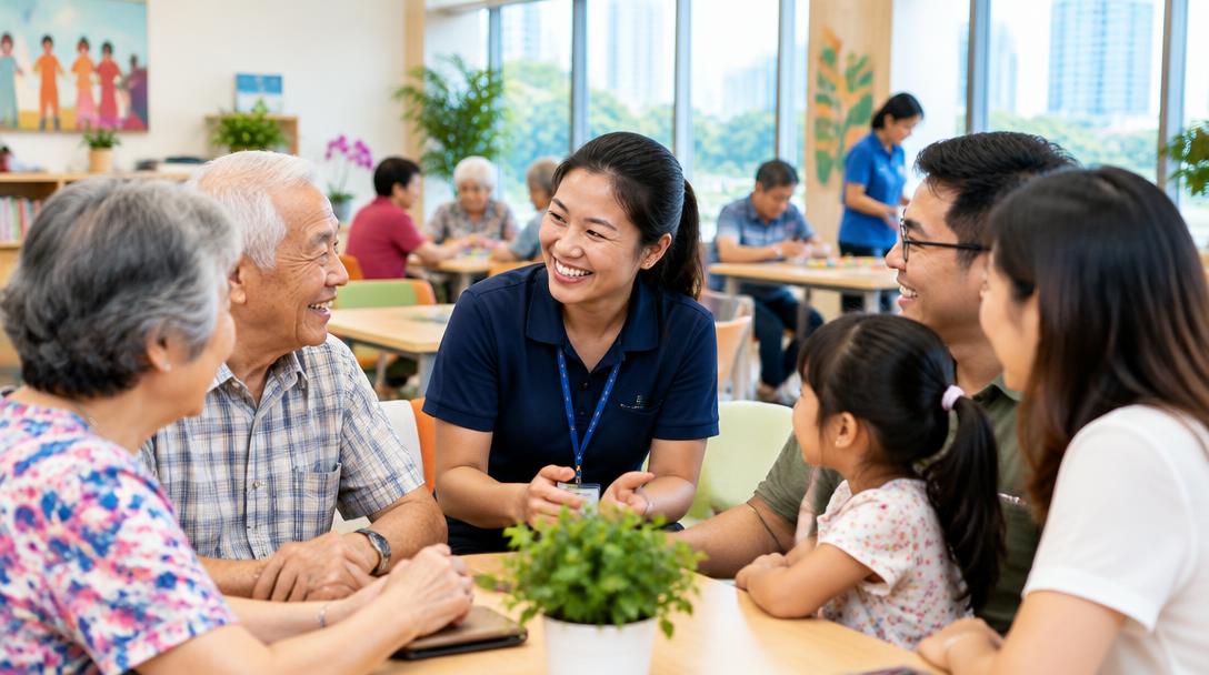 Community centre programme with a staff member speaking with seniors and families.
