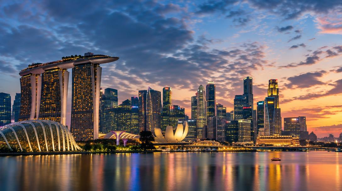 Singapore CBD skyline at dusk with office lights on.
