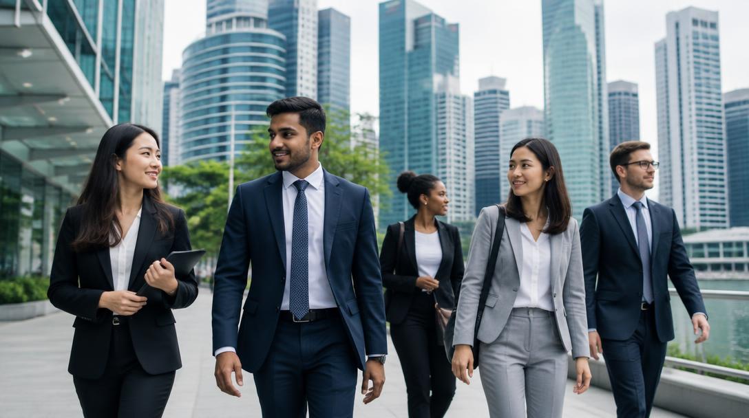 Professionals walking through Singapore's central business district.